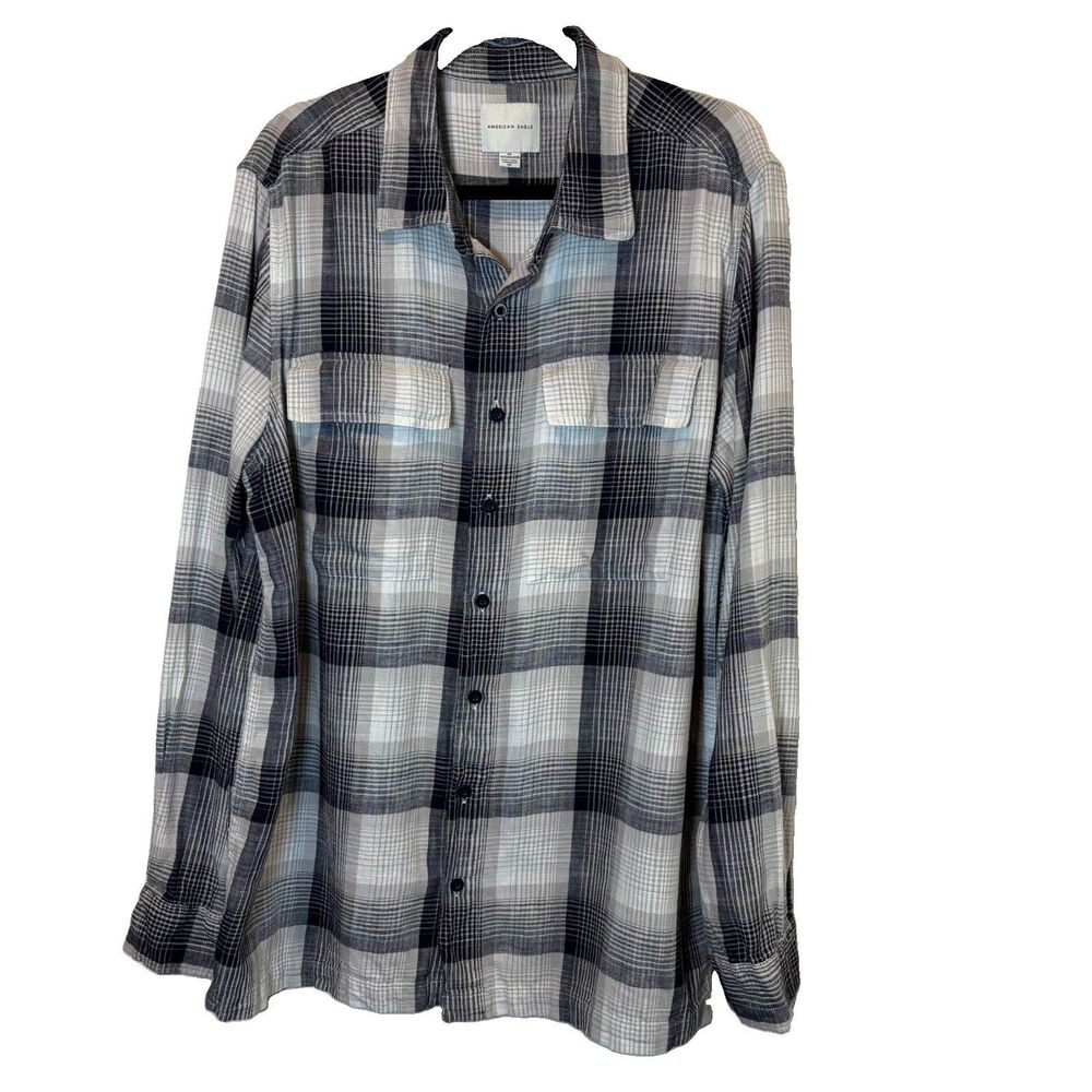 American Eagle Men's XLT Flannel Plaid Button-Up Shirt Pockets Grey Lumberjack